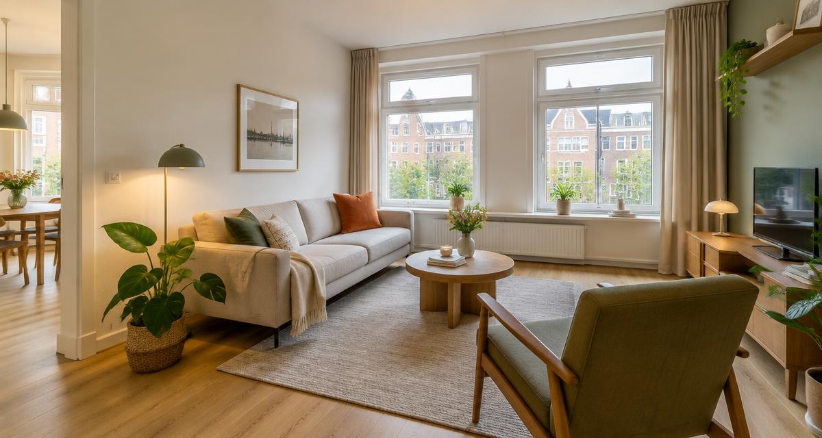 Lichte Nederlandse woonkamer ingericht voor een bezichtiging