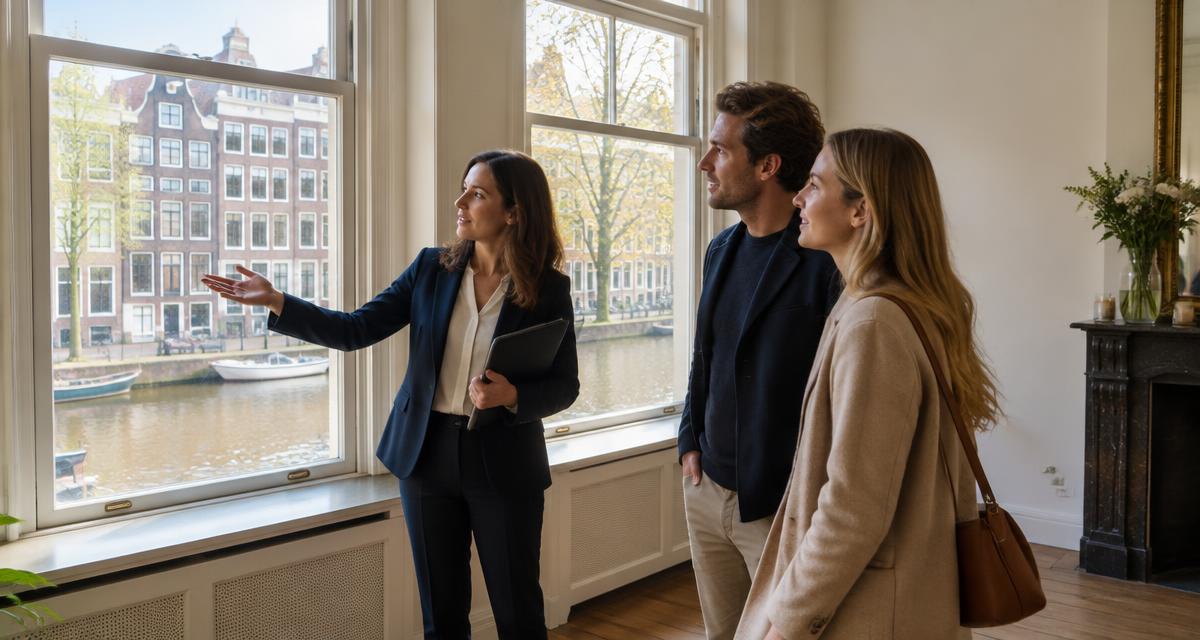 Stel bekijkt met een makelaar een woning aan een gracht
