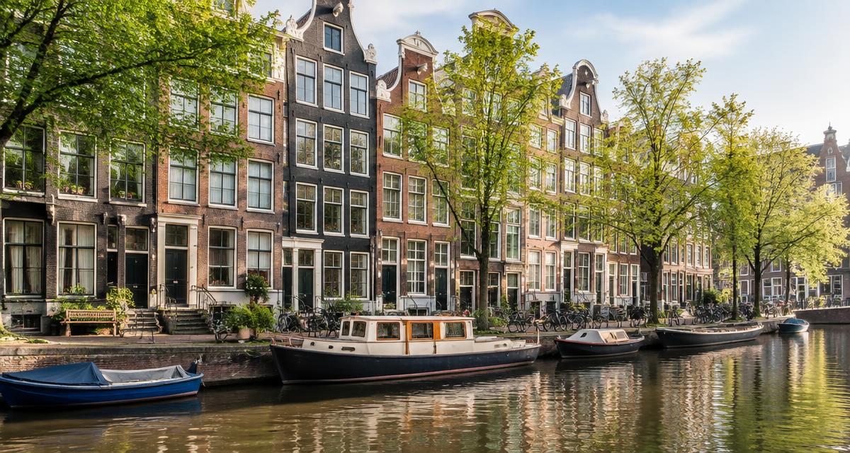 Nederlandse grachtenpanden aan het water in de zon