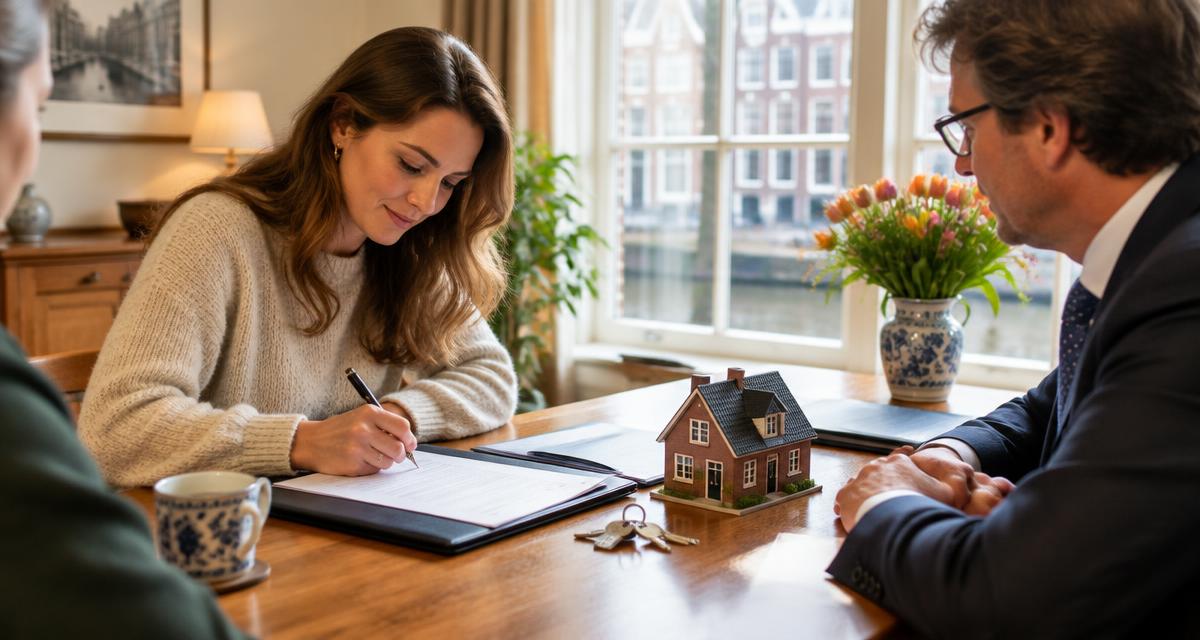Ondertekening van de koopakte bij de notaris met sleutels op tafel
