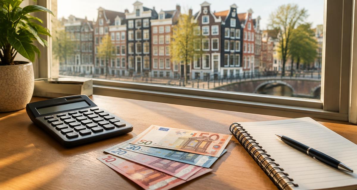 Rekenmachine en eurobankbiljetten op een bureau met Nederlandse grachtenpanden