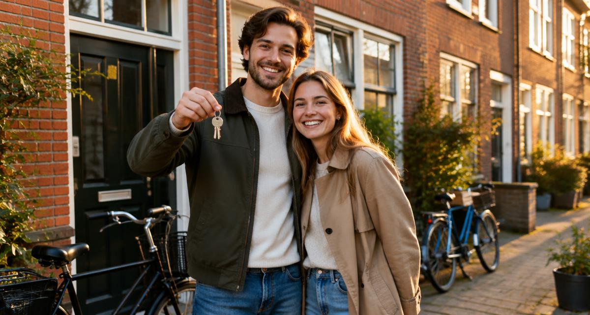 Jong stel met sleutels voor een Nederlandse rijwoning in het avondlicht