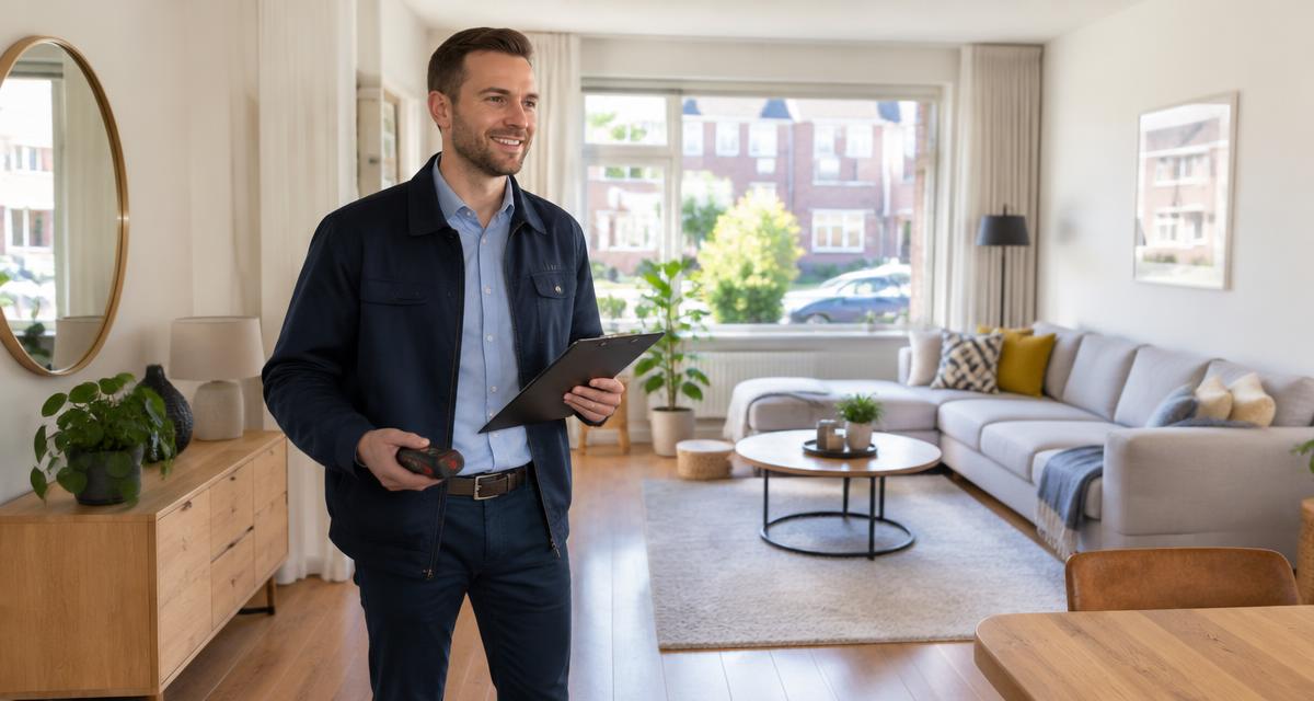 Taxateur met klembord en afstandsmeter in een lichte Nederlandse woonkamer