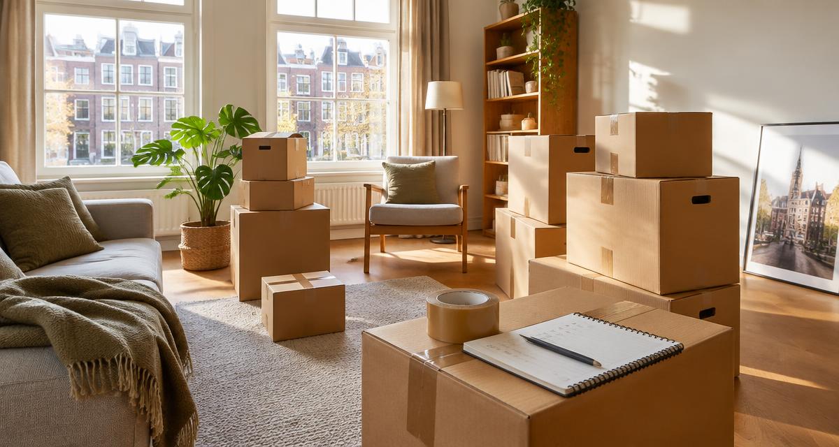 Lichte woonkamer vol netjes gestapelde verhuisdozen met daglicht
