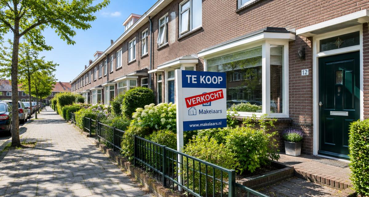 Nederlandse rijtjeshuizen met een te-koopbord in de voortuin
