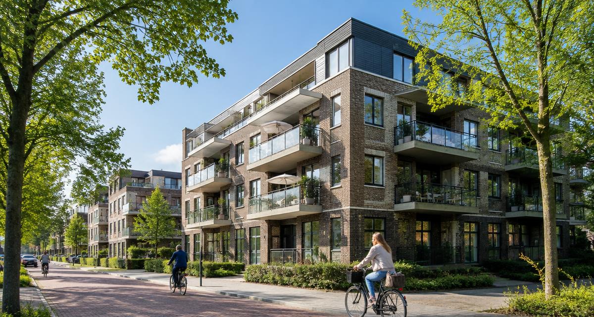 Modern Nederlands appartementengebouw met balkons aan een groene straat